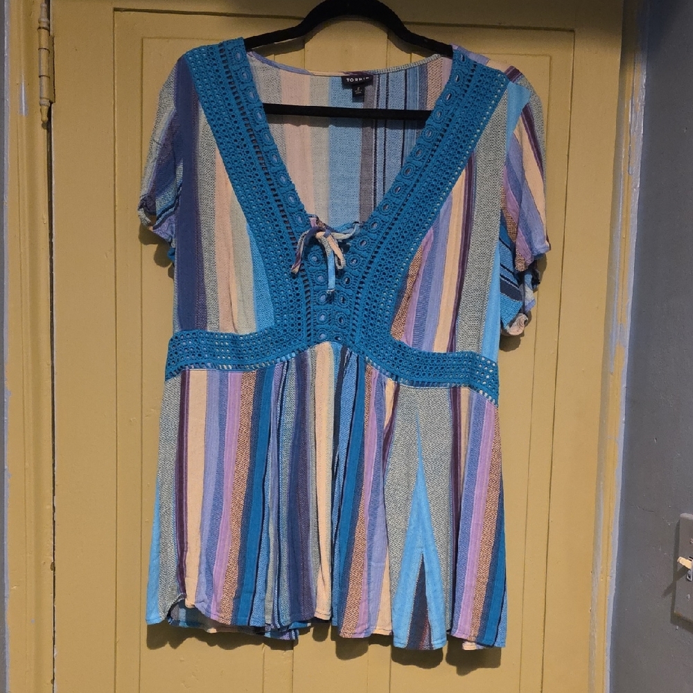 Torrid Crochet V- Neck Babydoll Flowy Striped Blouse with Lace-Up Front